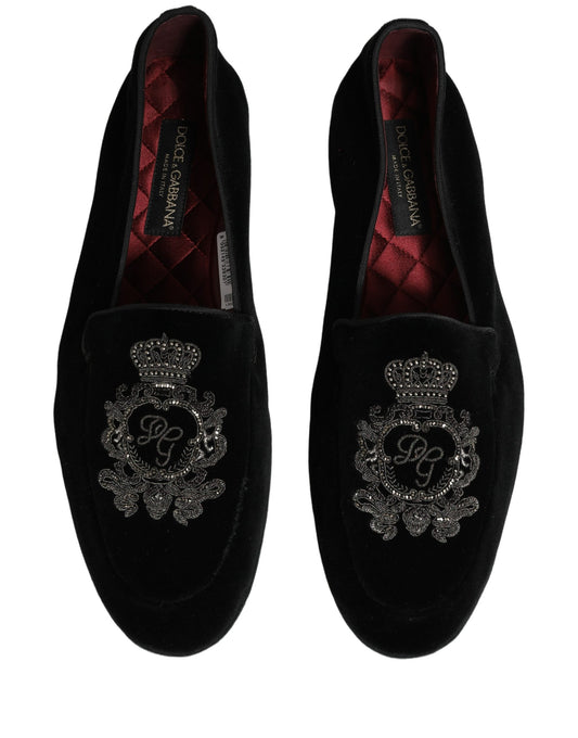 Black Velvet Crown Embroidery Loafers Shoes