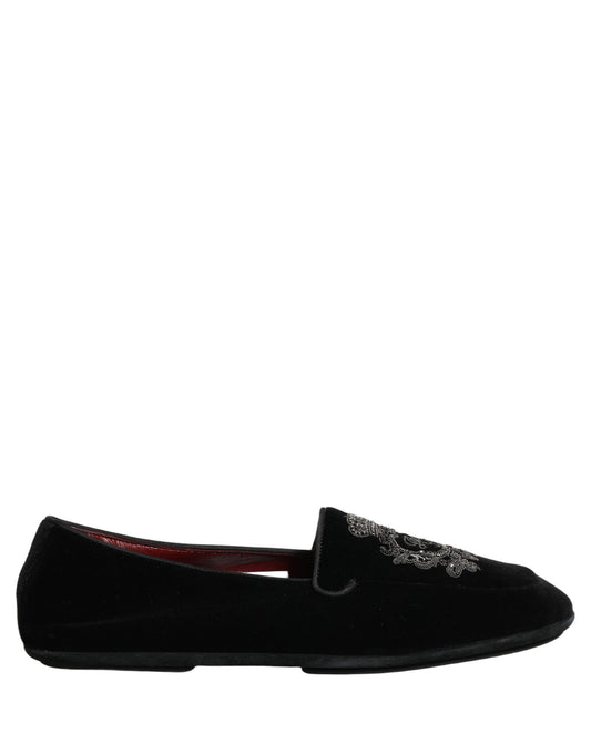 Black Velvet Crown Embroidery Loafers Shoes
