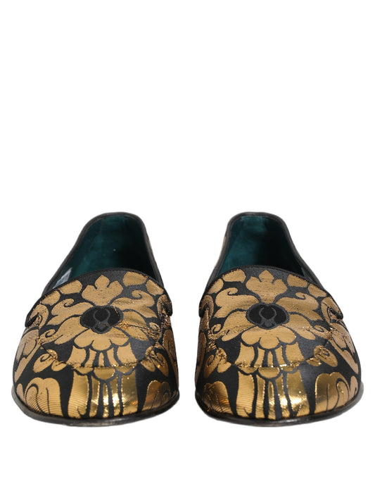 Black Gold Floral Jacquard Dress Loafers Shoes