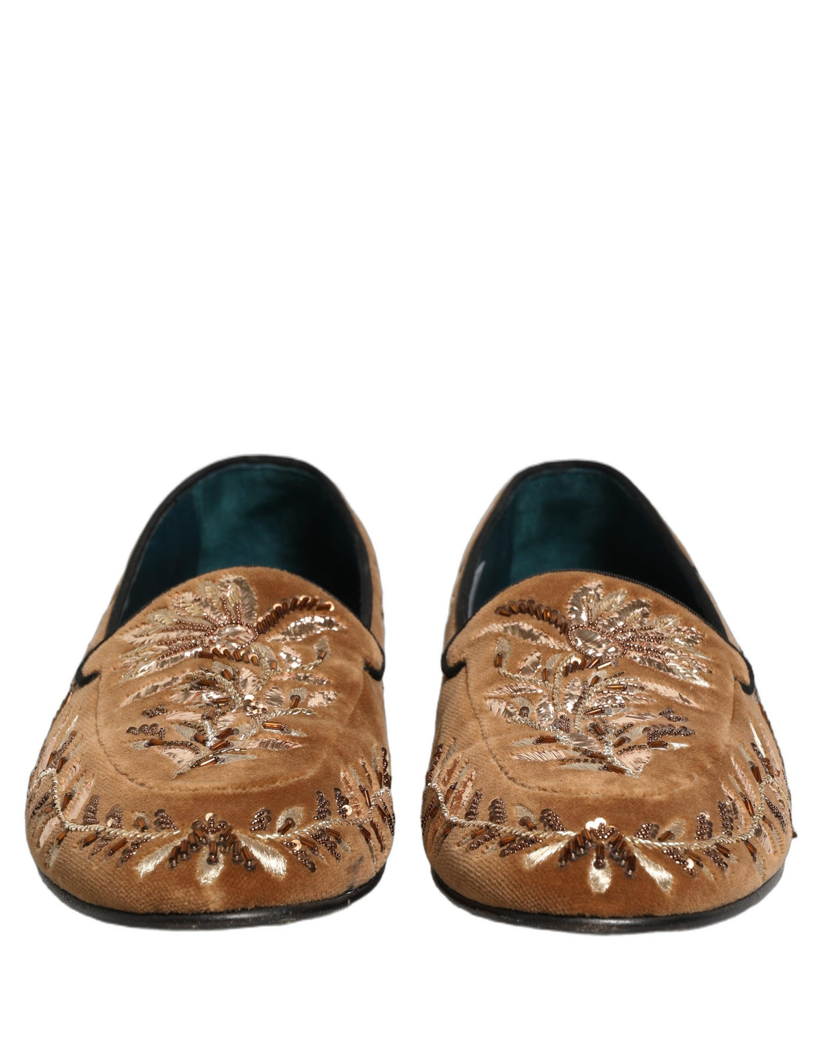 Brown Velvet Floral Embroidery Loafers Shoes