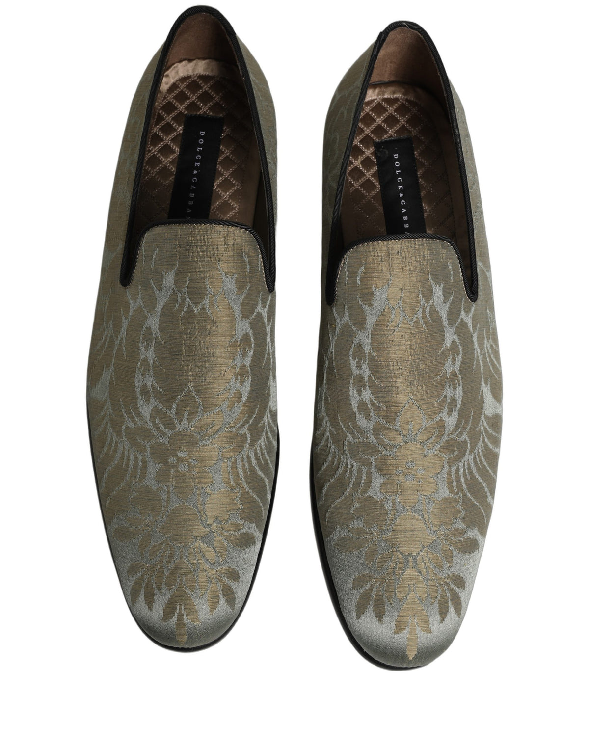 Gold Floral Jacquard Slip On Loafers Shoes