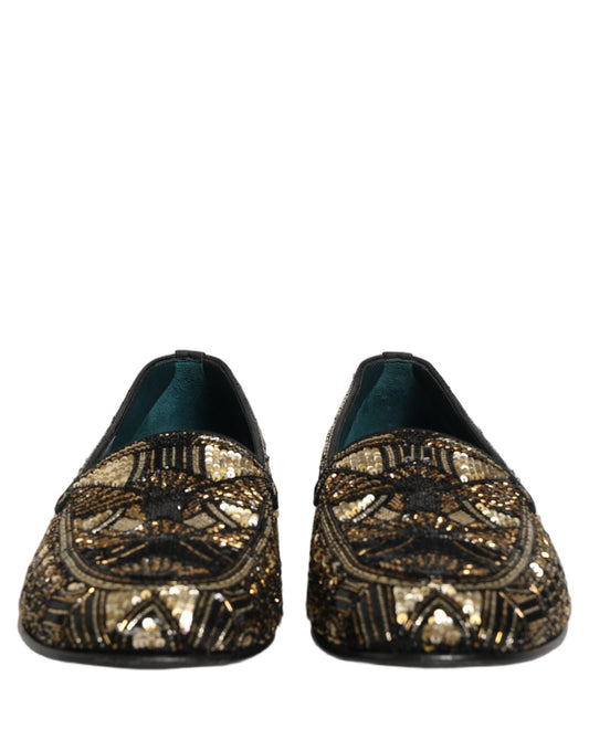 Black Gold Embellished Slip On Loafers Shoes