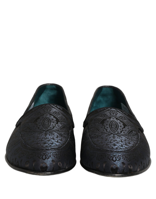 Blue Jacquard Leather Slip On Loafers Shoes