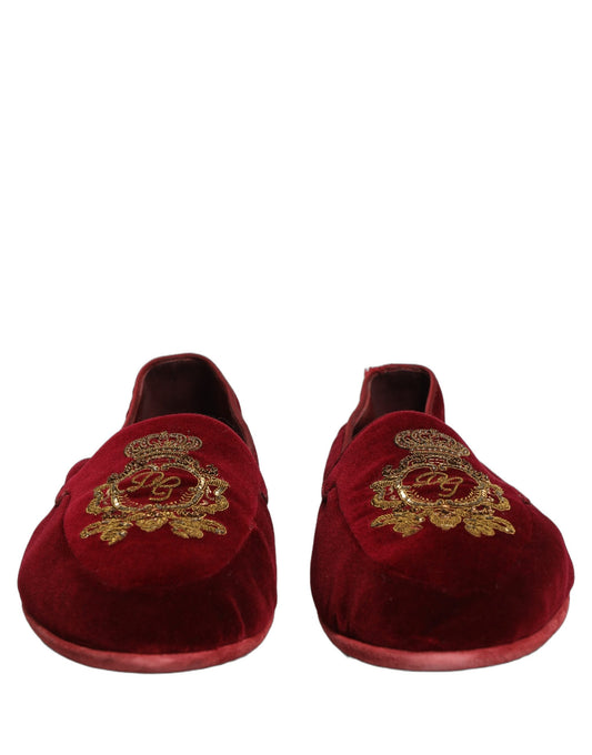 Maroon Velvet Crown Embroidery Loafers Shoes