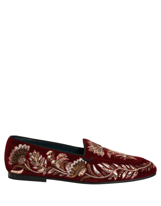 Red Velvet Floral Embroidery Loafers Shoes