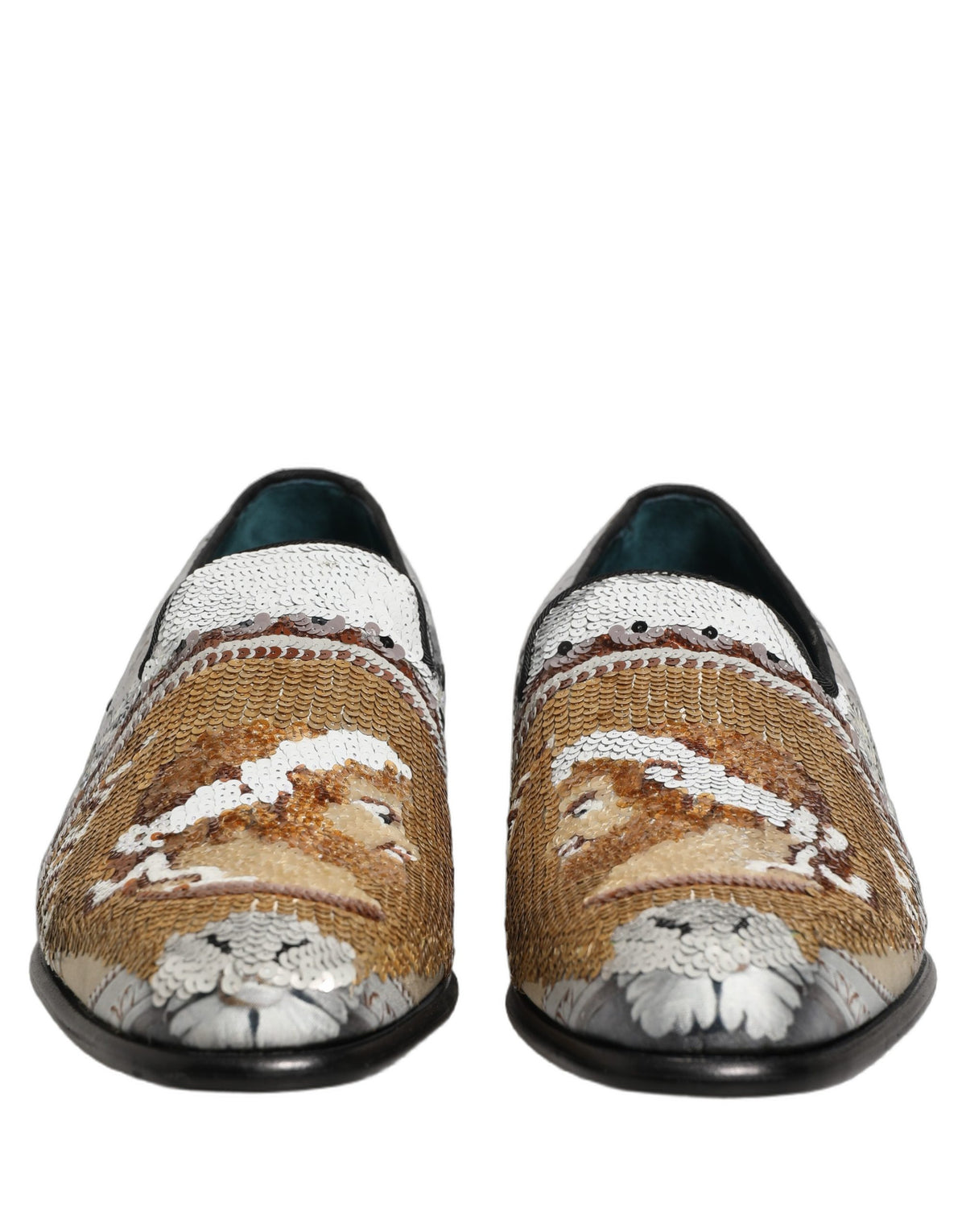 White Gold Sequined Slip On Loafers Shoes