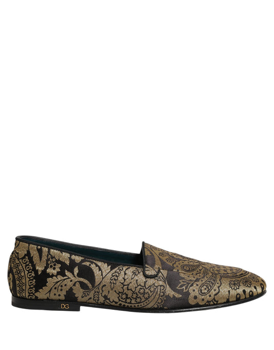 Gold Jacquard Leather Slip On Loafers Shoes