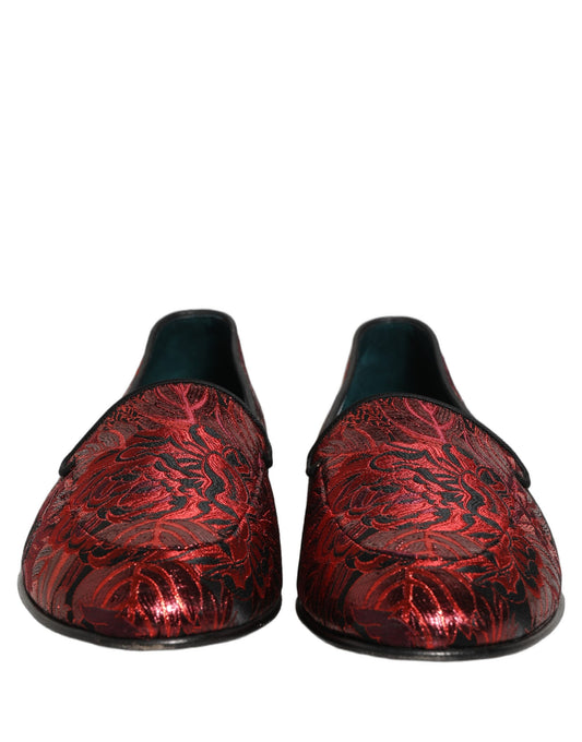 Red Floral Jacquard Slip On Loafers Shoes