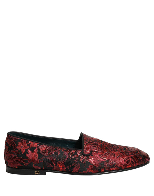 Red Floral Jacquard Slip On Loafers Shoes