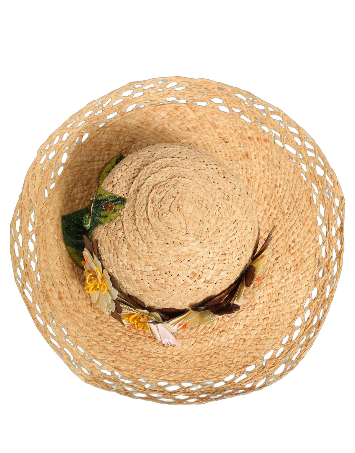 Women Beige Wide Brim Floral Bucket Capello Hat
