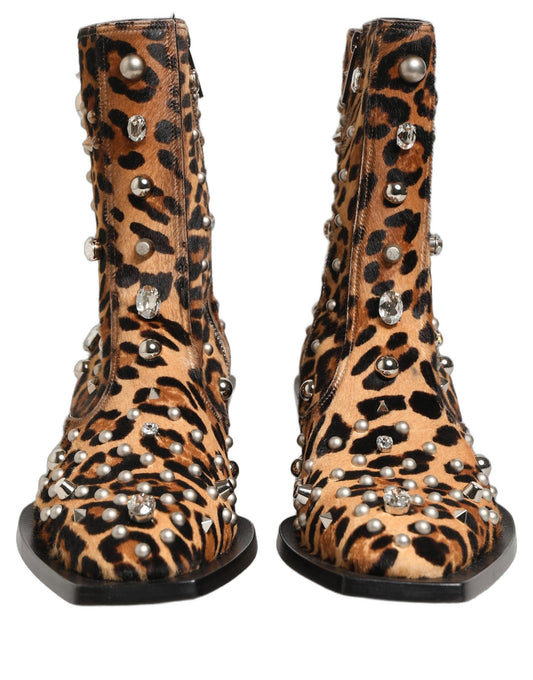 Brown Leopard Embellished Mid Calf Men Boots Shoes