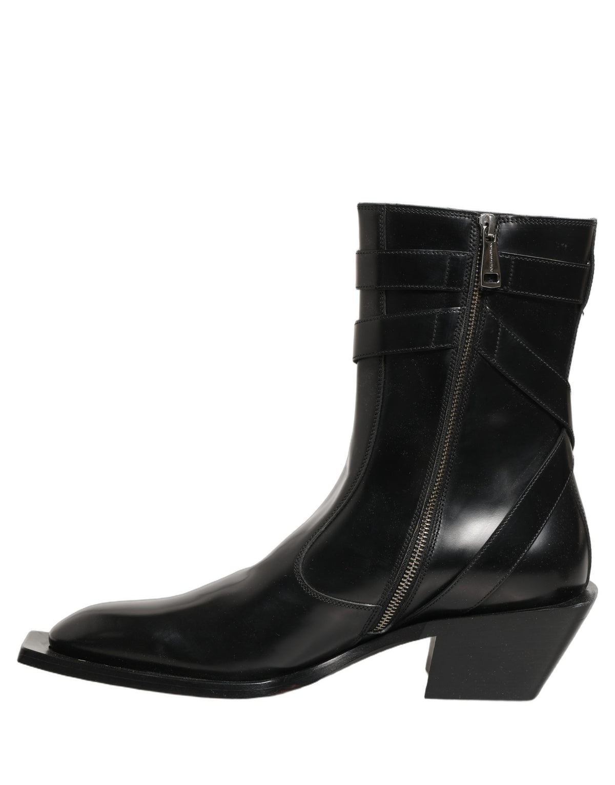 Black Leather DG Plaque Mid Calf Boots Shoes