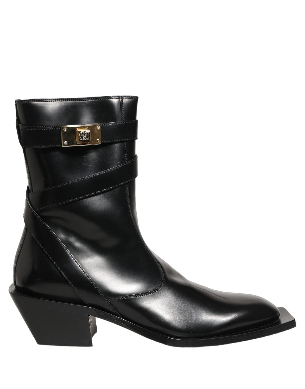 Black Leather DG Plaque Mid Calf Boots Shoes