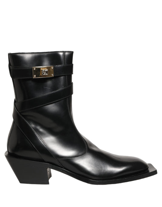 Black Leather DG Plaque Mid Calf Boots Shoes