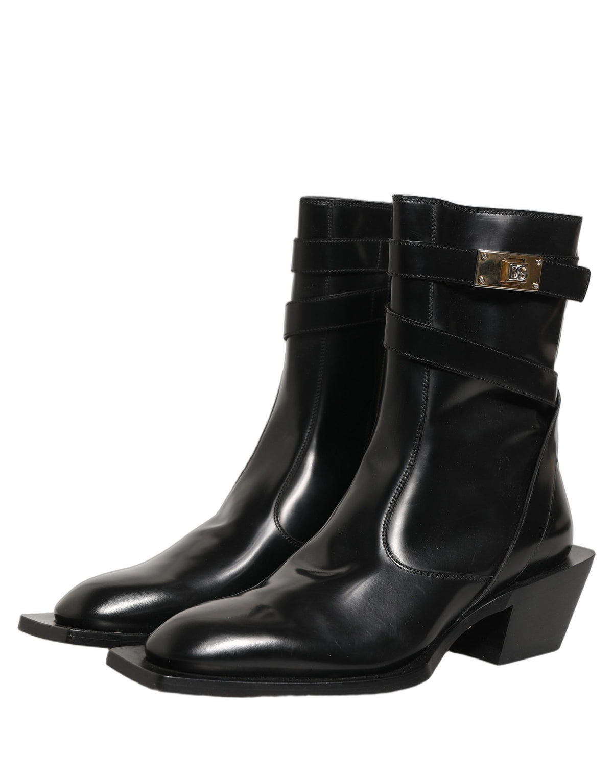 Black Leather DG Plaque Mid Calf Boots Shoes