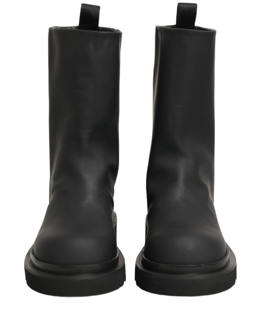 Black Leather Mid Calf Chunky Men Boots Shoes