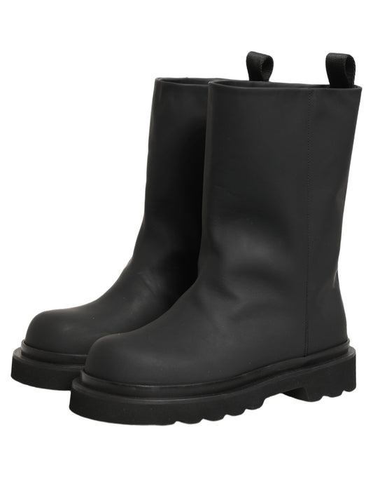 Black Leather Mid Calf Chunky Men Boots Shoes