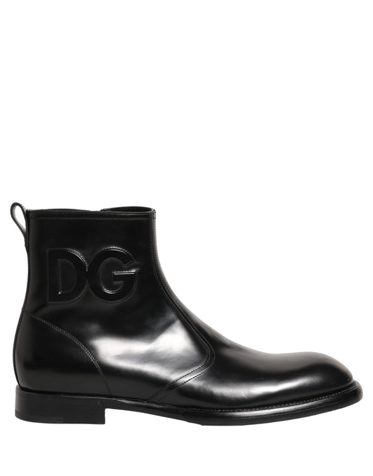 Black Leather Embossed Logo Ankle Boots Shoes