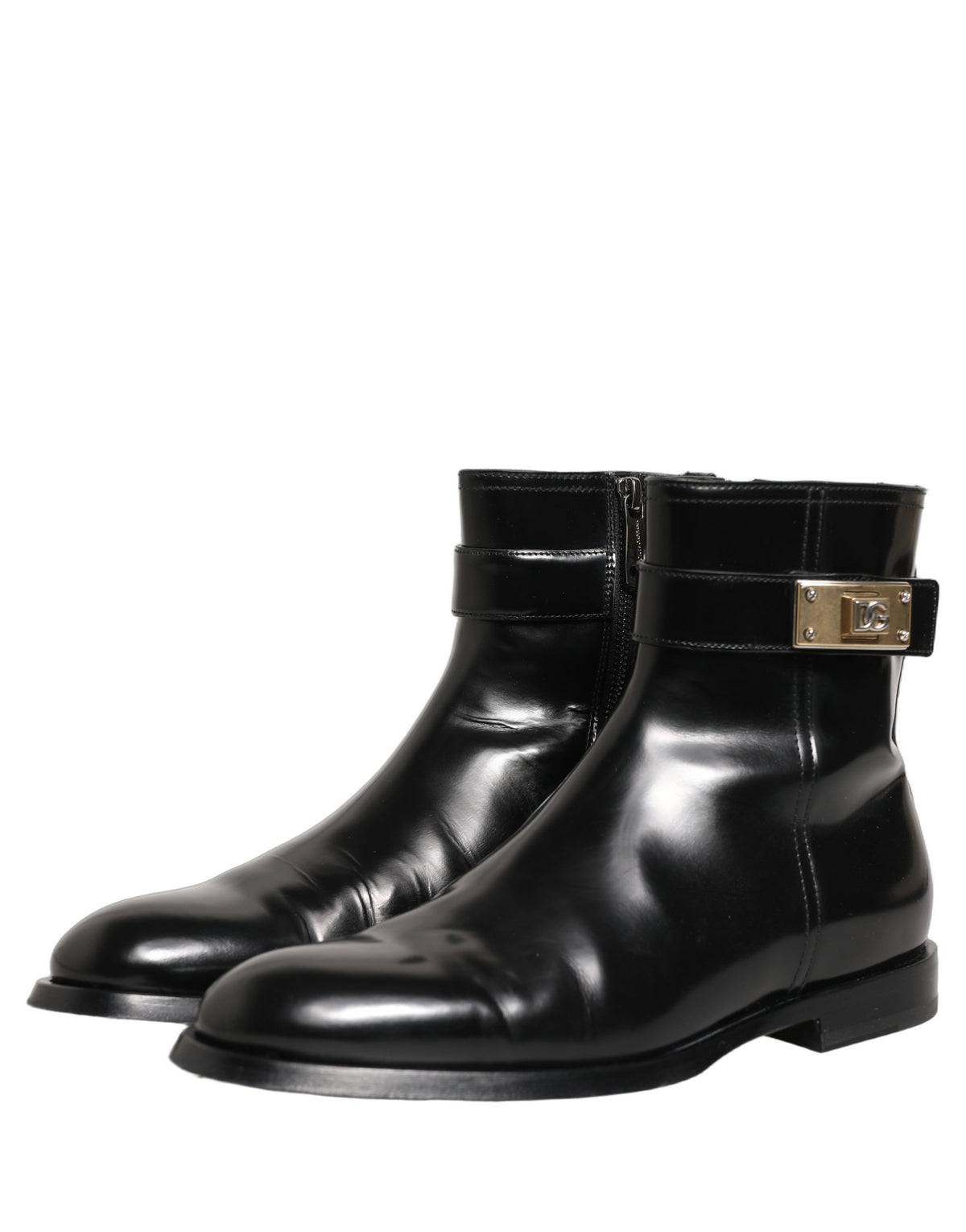 Black Leather Logo Buckle Mid Calf Boots Shoes