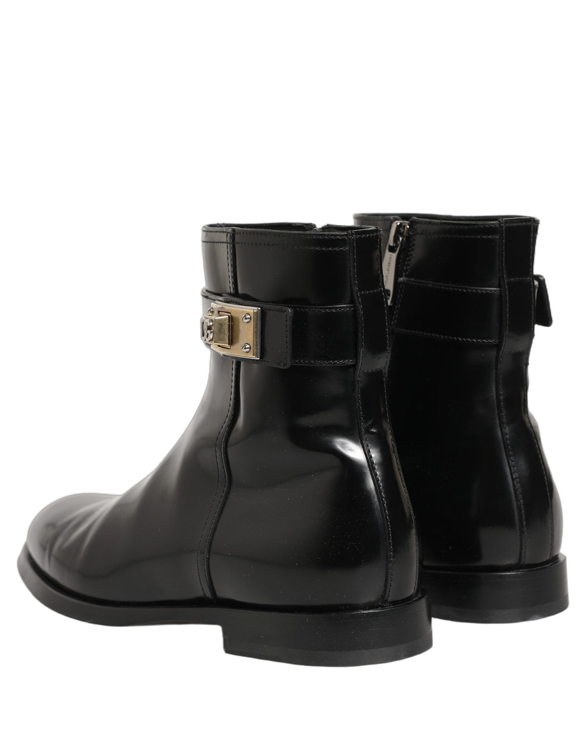 Black Leather Logo Buckle Mid Calf Boots Shoes