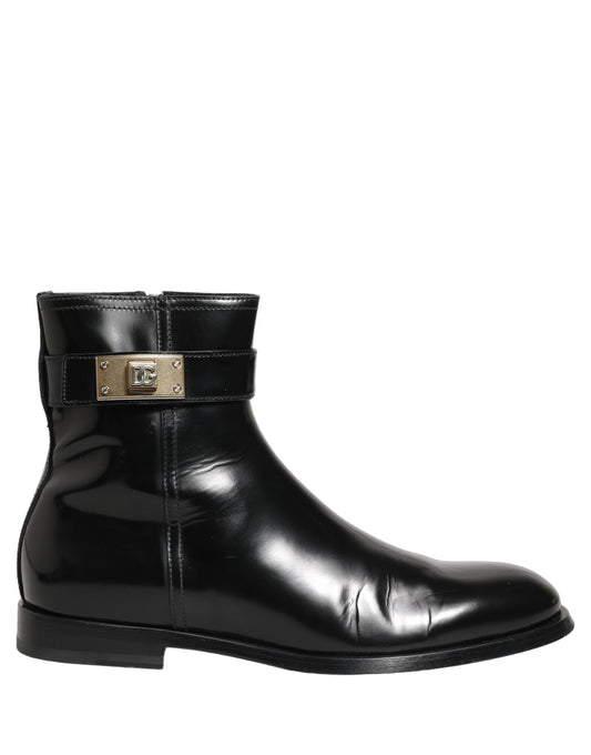 Black Leather Logo Buckle Mid Calf Boots Shoes