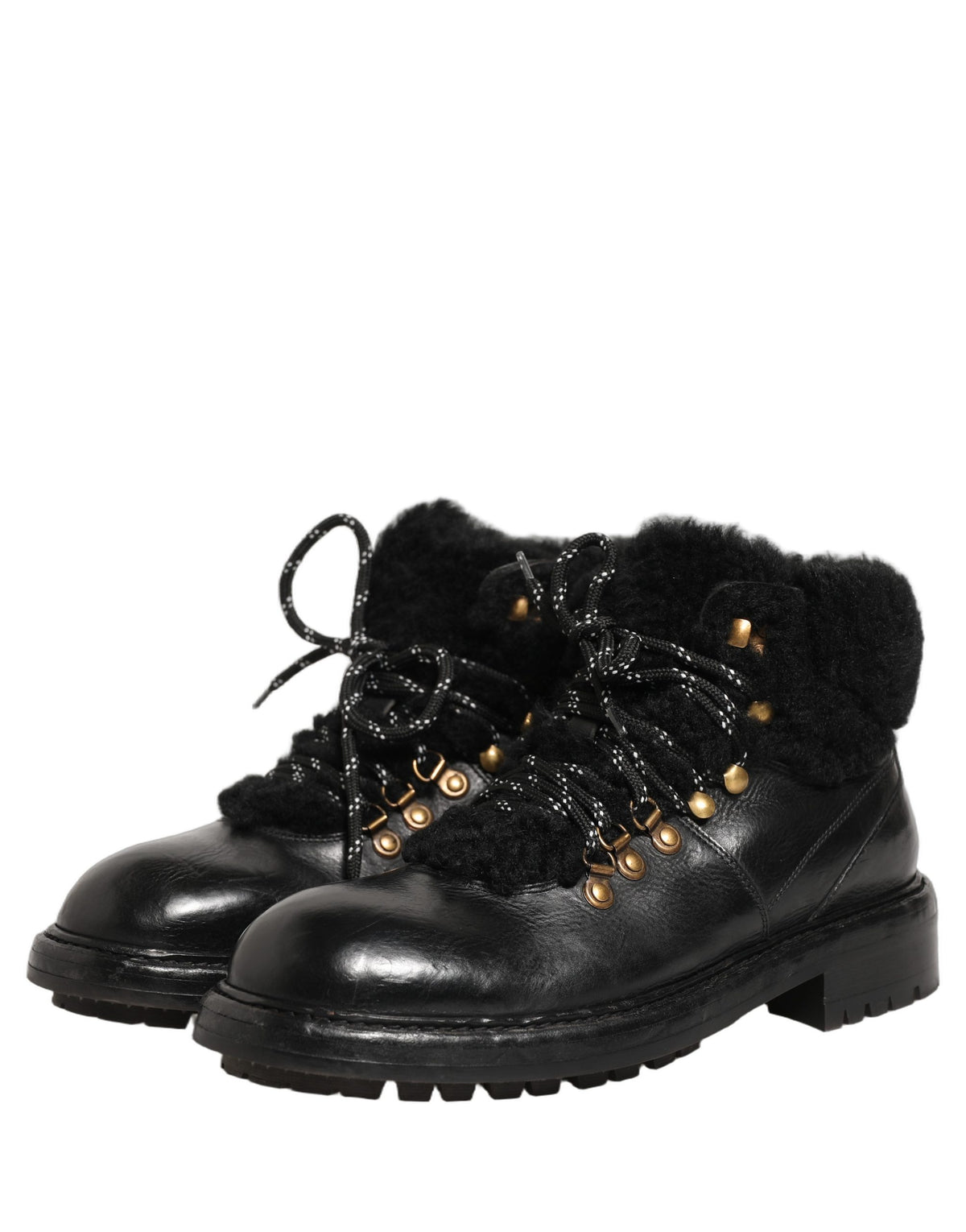Black Trekking Fur Lace Leather Boots Shoes