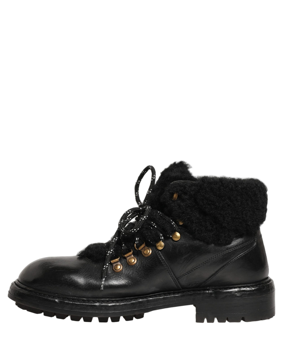 Black Trekking Fur Lace Leather Boots Shoes