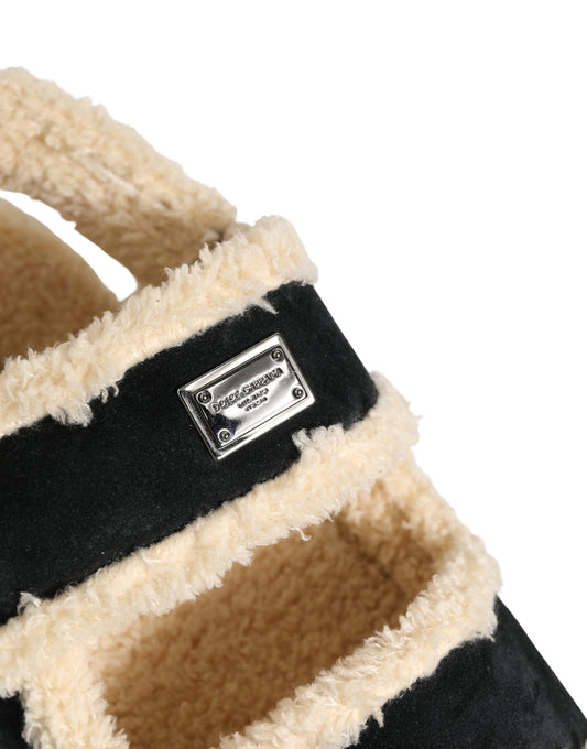 Beige Black Faux Fur Flats Men Sandals Shoes
