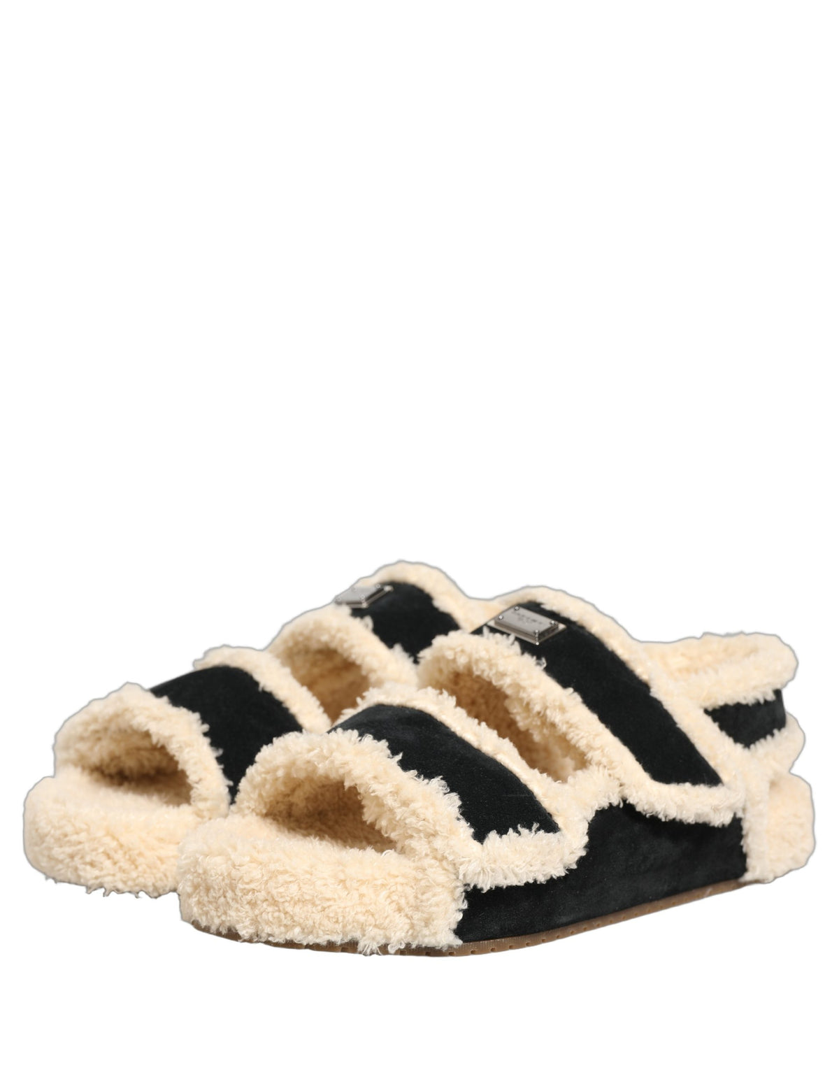 Beige Black Faux Fur Flats Men Sandals Shoes