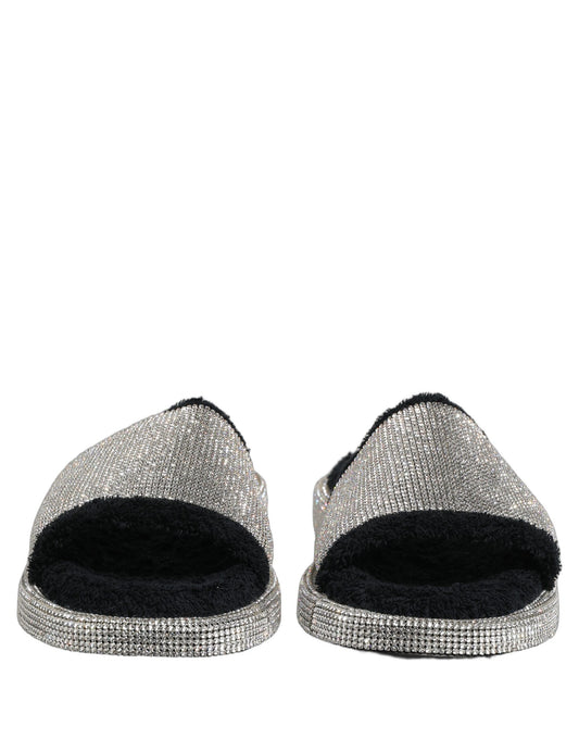 Black Crystal Embellished Platform Men Slides Shoes