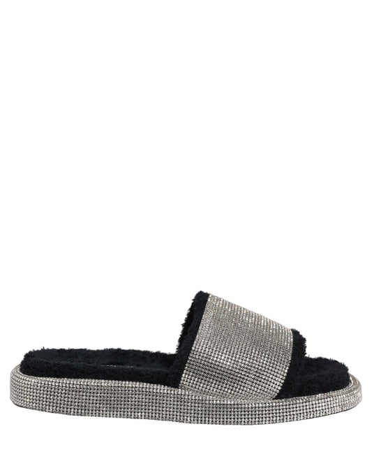 Black Crystal Embellished Platform Men Slides Shoes