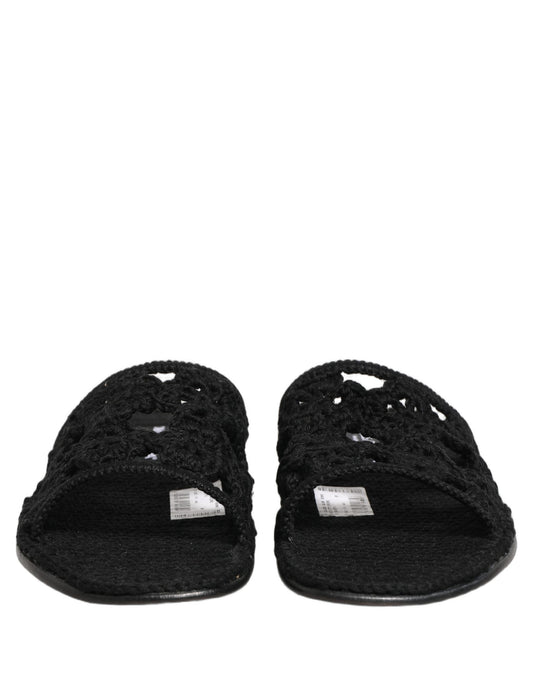 Black Fabric Woven Slides Sandals Flats Shoes