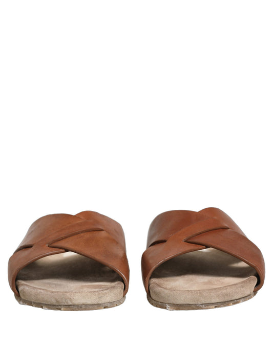 Brown Calf Leather Slides Sandals Shoes