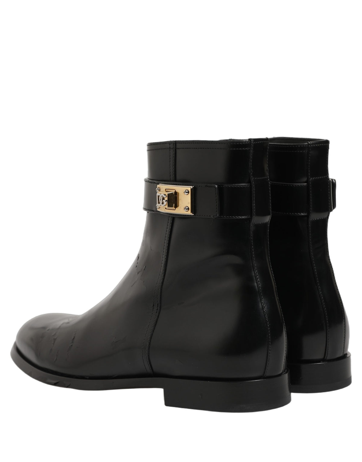 Black Leather Logo Buckle Mid Calf Boots Shoes