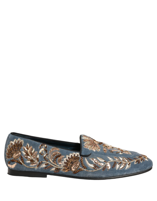 Blue Velvet Embellished Dress Loafers Shoes