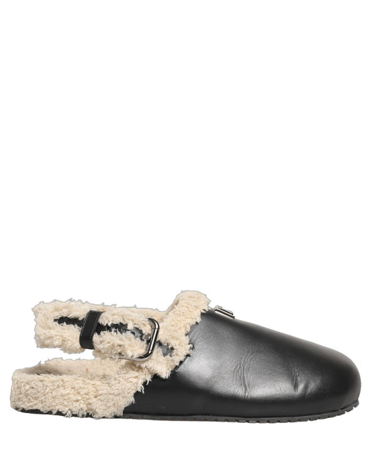 Beige Black Fur Shearling Slides Sandals Shoes