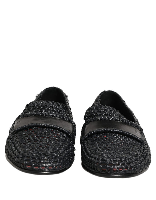 Black Woven Raffia Slip On Loafers Shoes