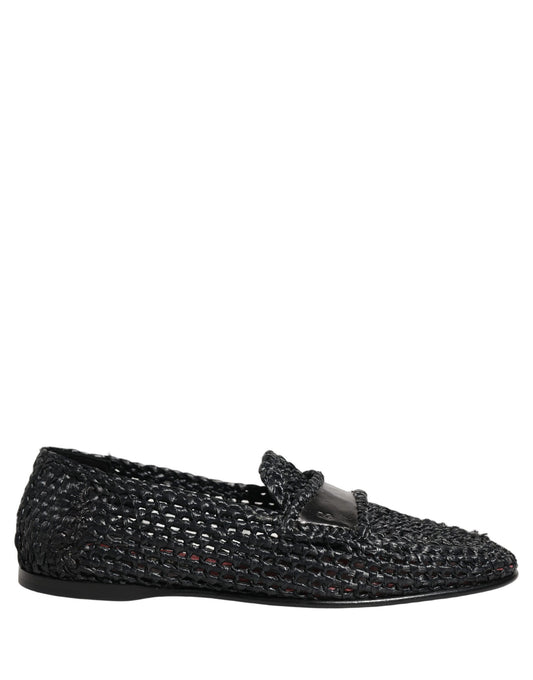 Black Woven Raffia Slip On Loafers Shoes