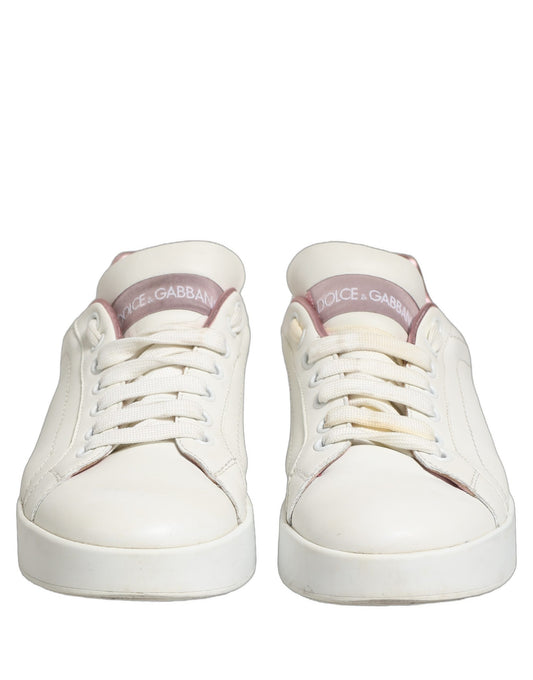 White Pink Leather Low Top Sneakers Shoes