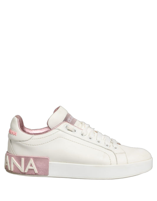 White Pink Leather Low Top Sneakers Shoes