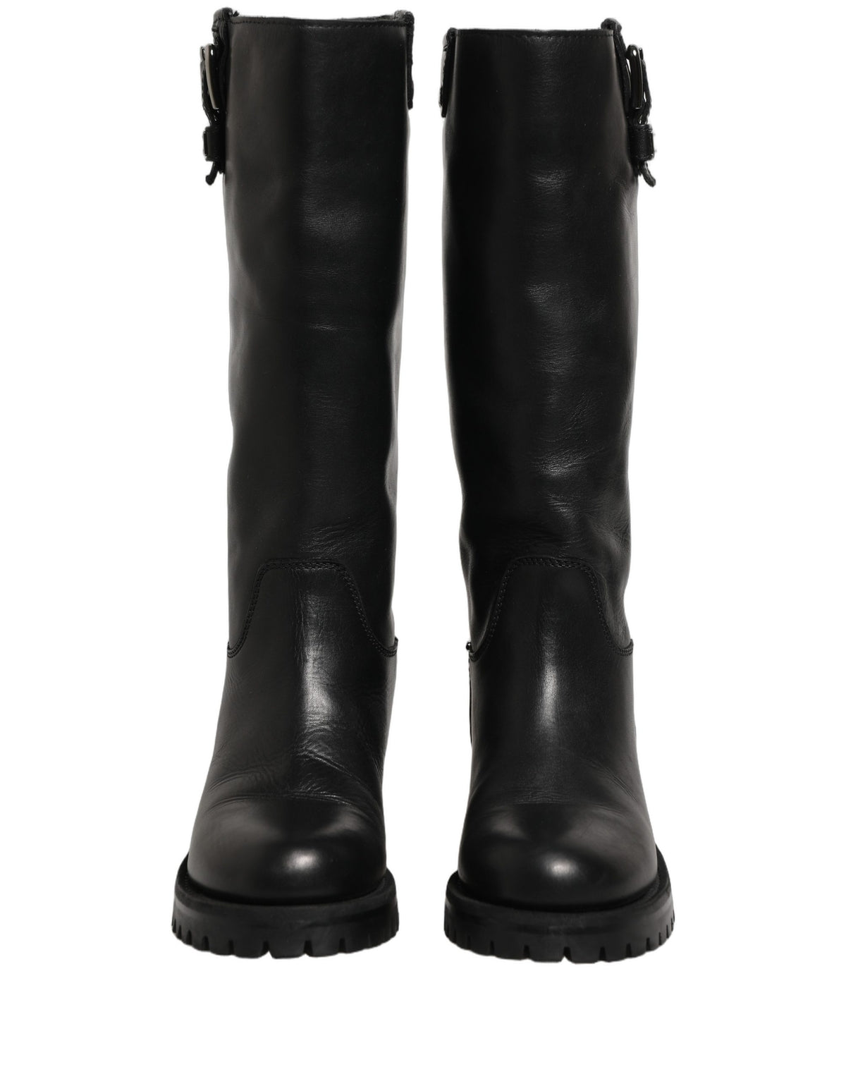 Black Leather Buckle Detail Mid Calf Boots Shoes