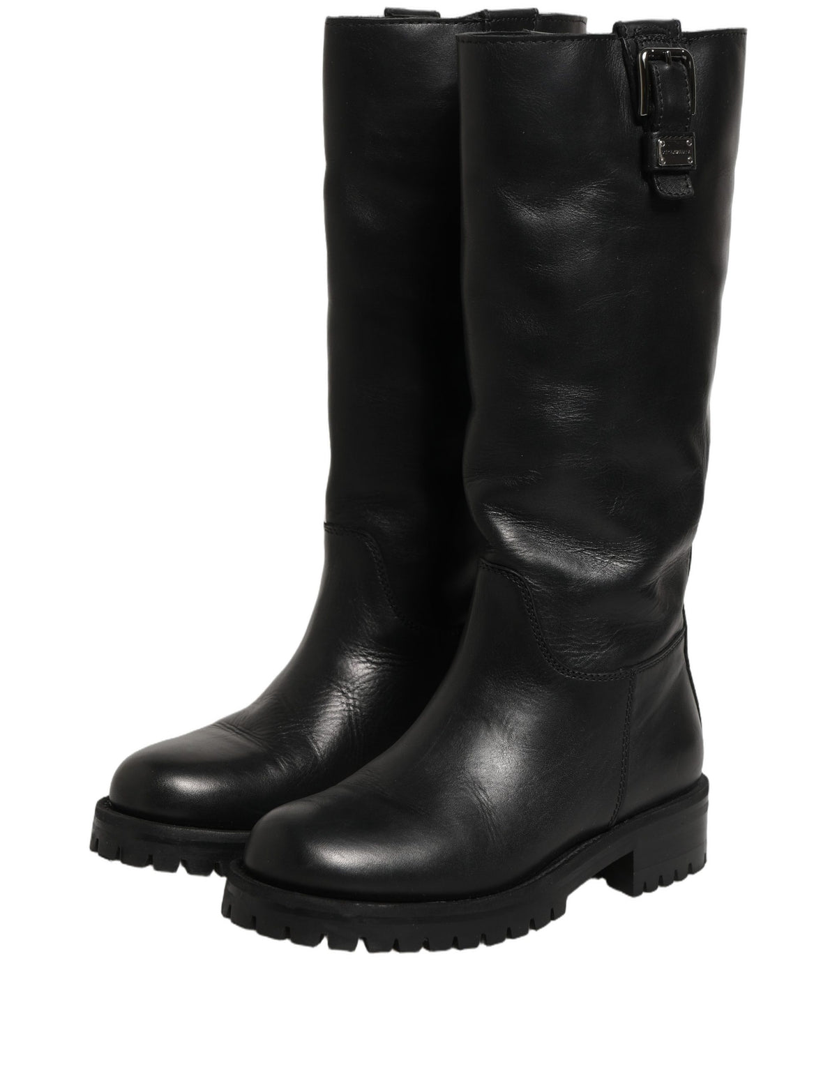 Black Leather Buckle Detail Mid Calf Boots Shoes