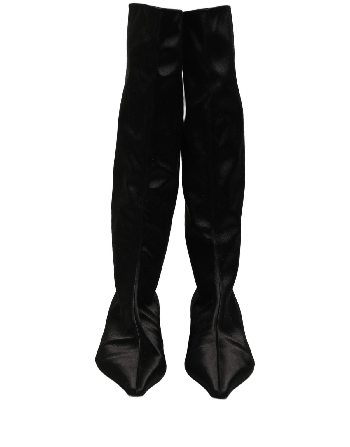 Black Satin Knee High Kitten Boots Shoes