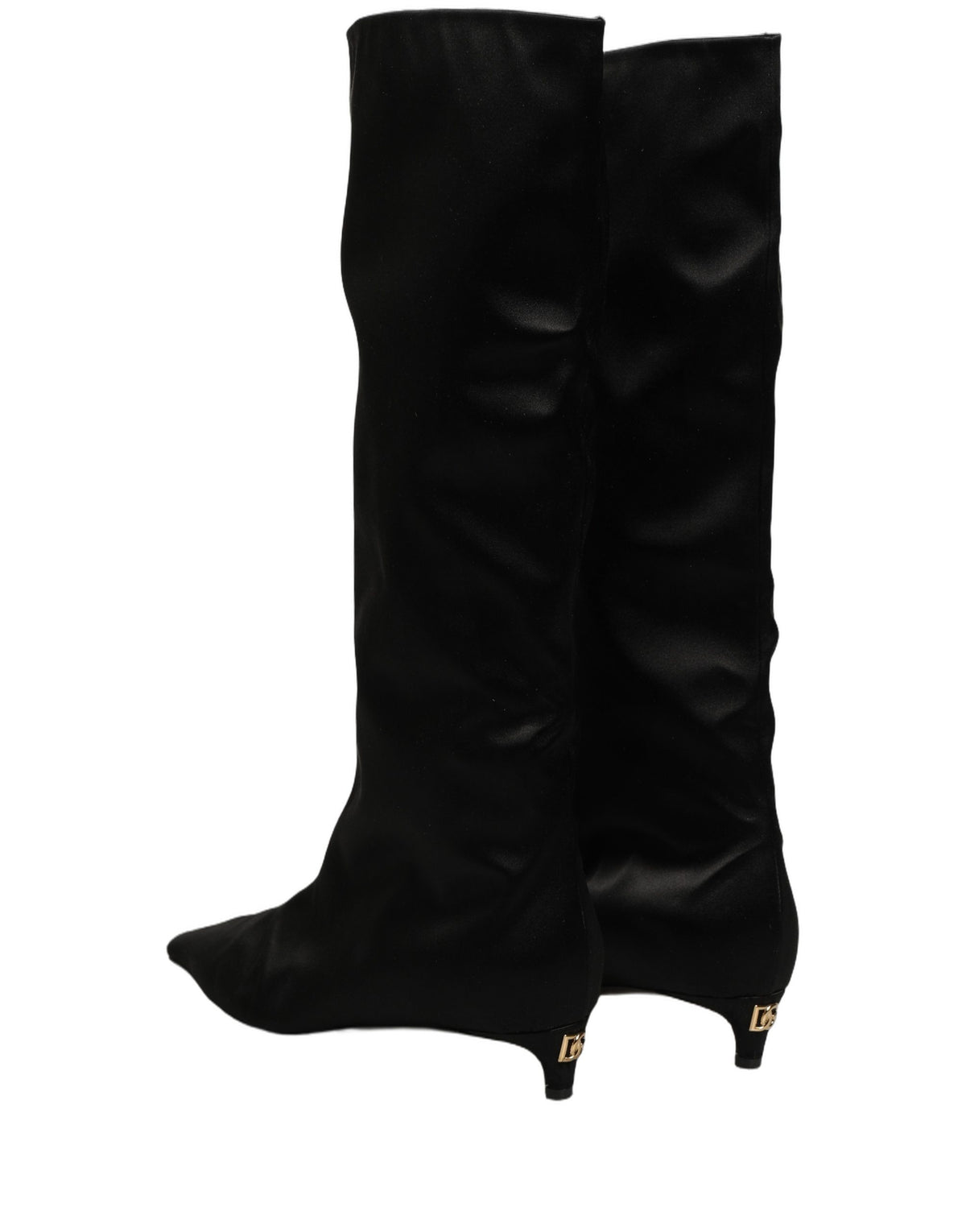 Black Satin Knee High Kitten Boots Shoes