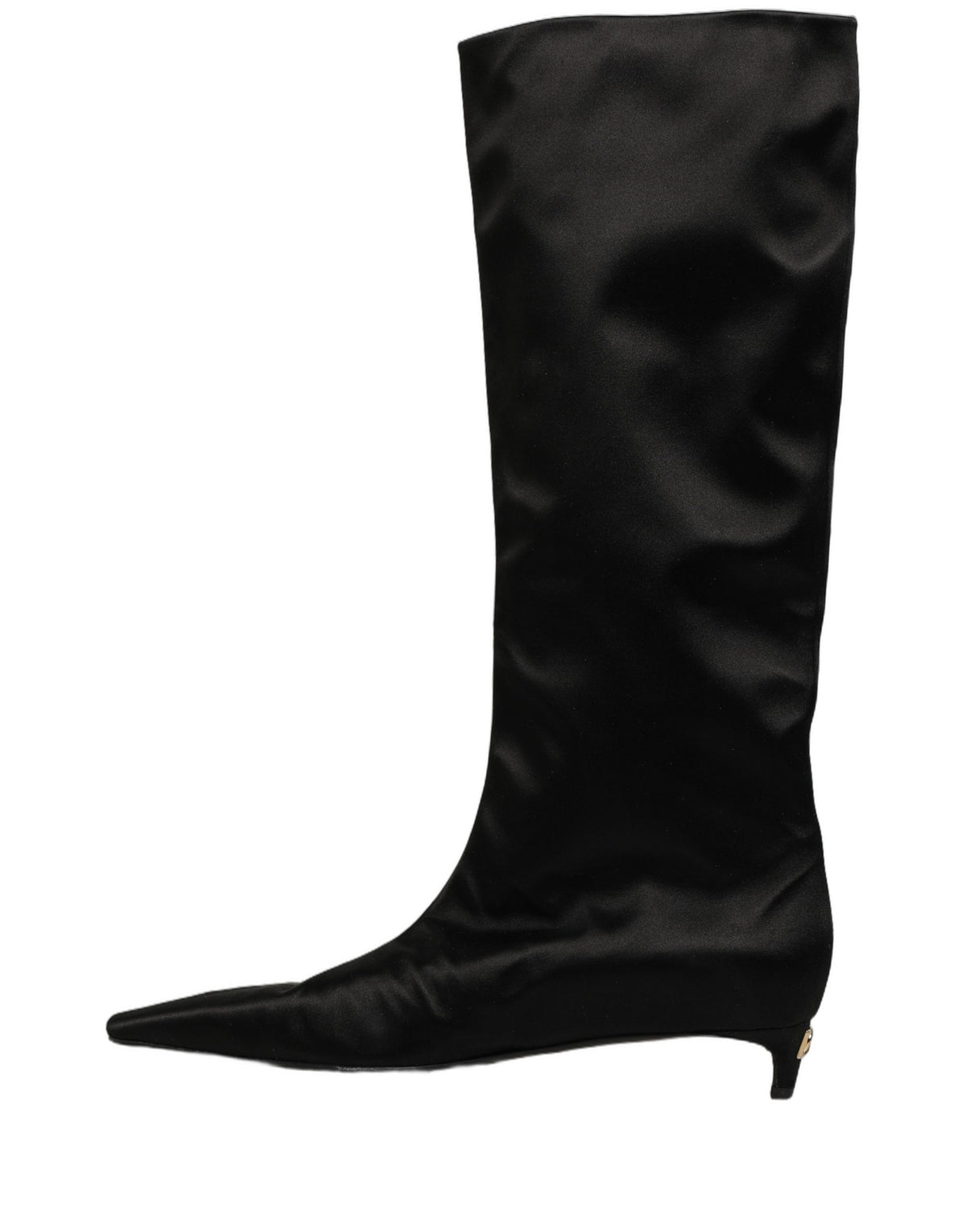 Black Satin Knee High Kitten Boots Shoes