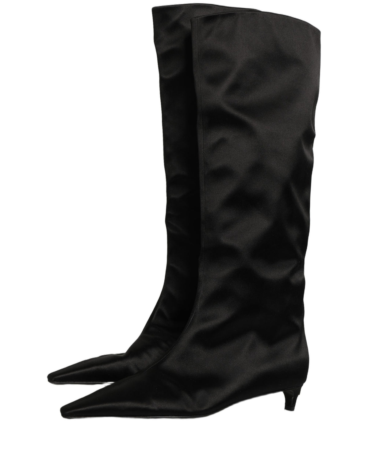 Black Satin Knee High Kitten Boots Shoes