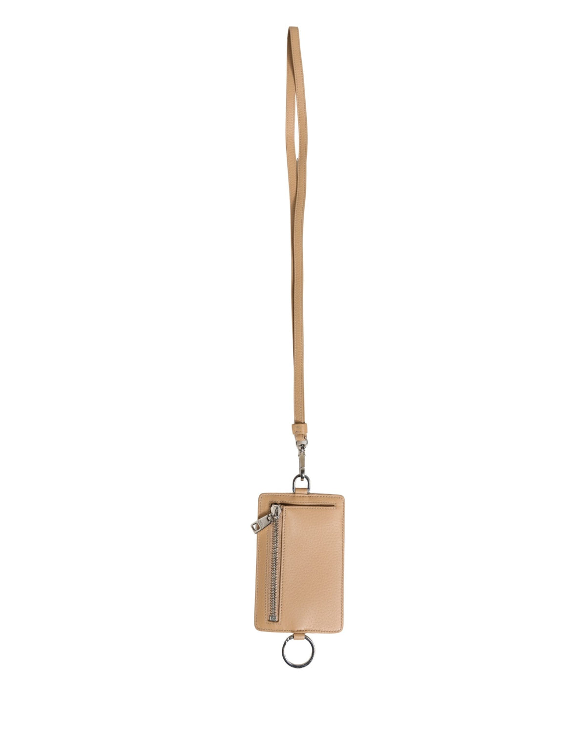 Beige Leather Logo Embossed Lanyard Card Holder Wallet