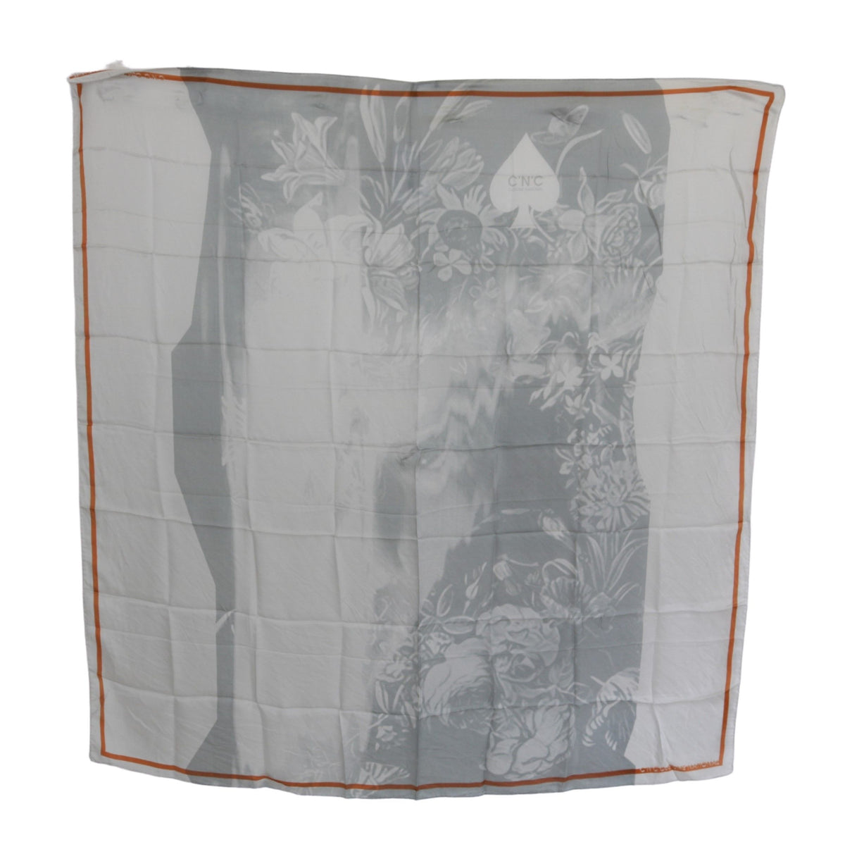Gray Orange Silk Floral Foulard Wrap Scarf