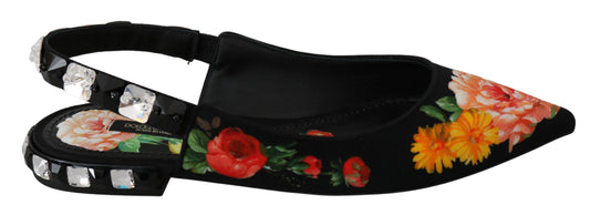 Mustat kukalliset kristallikoristeiset slingback-ballerinakengät