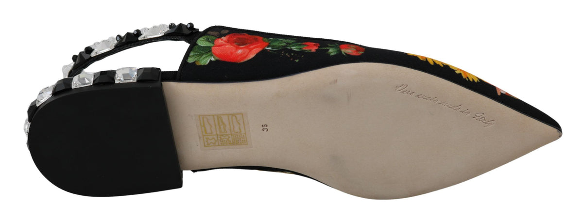 Mustat kukalliset kristallikoristeiset slingback-ballerinakengät